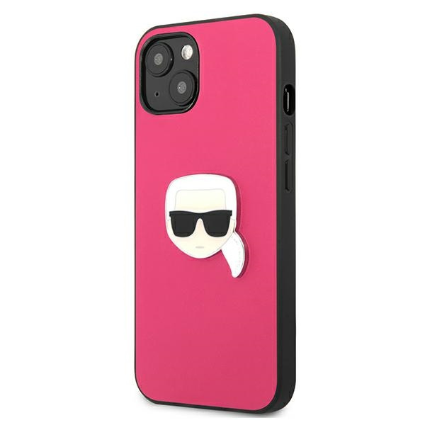 Puzdro KARL LAGERFELD Apple iPhone 13 Mini kožené Ikonik Karl`s Head kovové ružové pevné puzdro